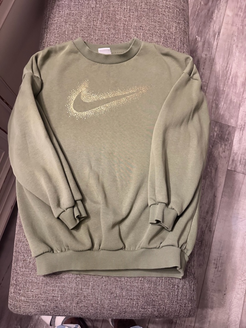 Nike Light Olive Green Crewneck with Gold Sparkle Swoosh